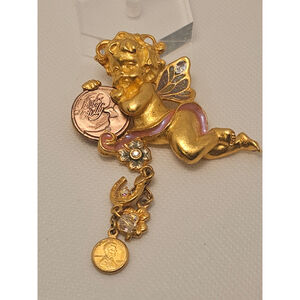 Vintage signed Kirks Folly Lucky Penny cherub dangle brooch